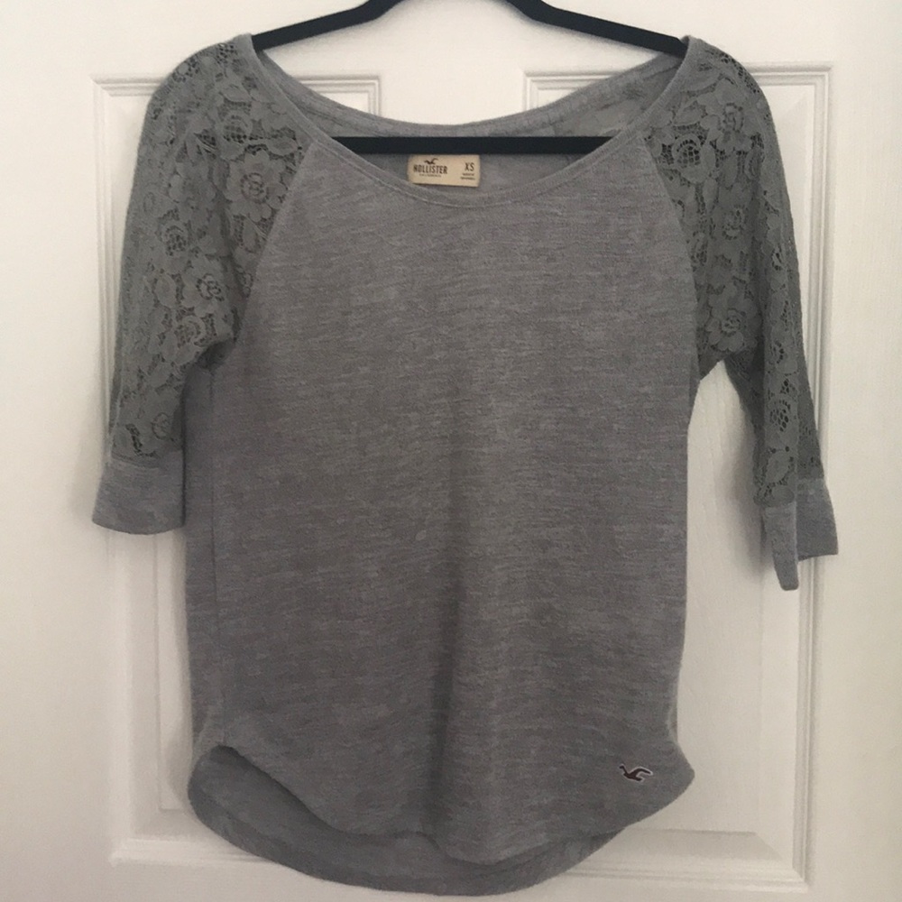 Gray Quarter Length Lace Sleeve Top
